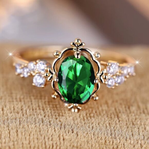 NEW 14k Yellow Gold Emerald Ring Band Oval Cut - Picture 1 of 4